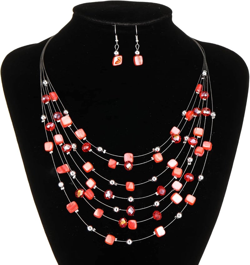 Errally Store Multi-Layer Boho Shell Beaded Necklace for Women Colorful Crystal Strand with Silver Beads Statement Collars Necklace and Earrings Costumes Jewelry Sets for Women - Image 4
